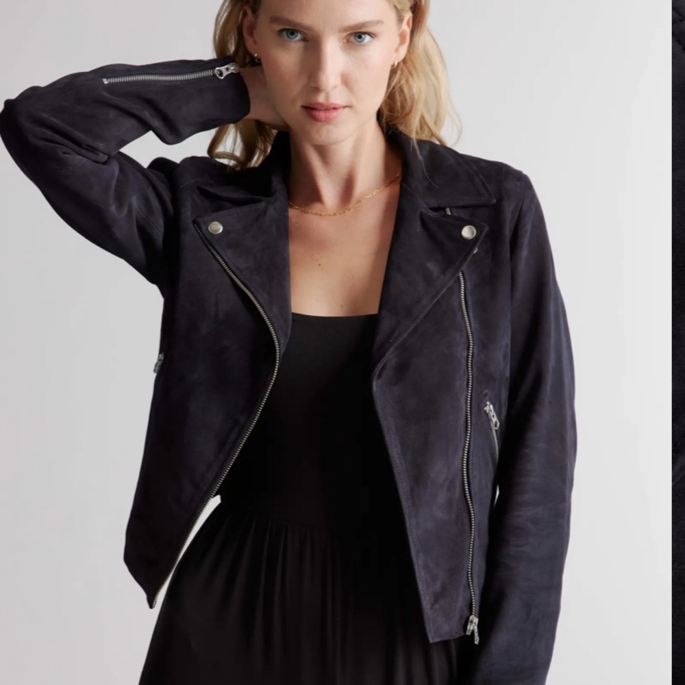 Quince Women's Black Suede Biker Jacket sz L Goat Leather Zippers Motorcycle
